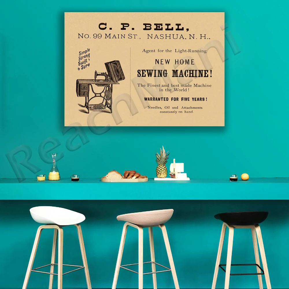 Retro ad, vintage sewing machine ad, sewing room decorating idea, antique sewing machine, new home antique sewing machine poster