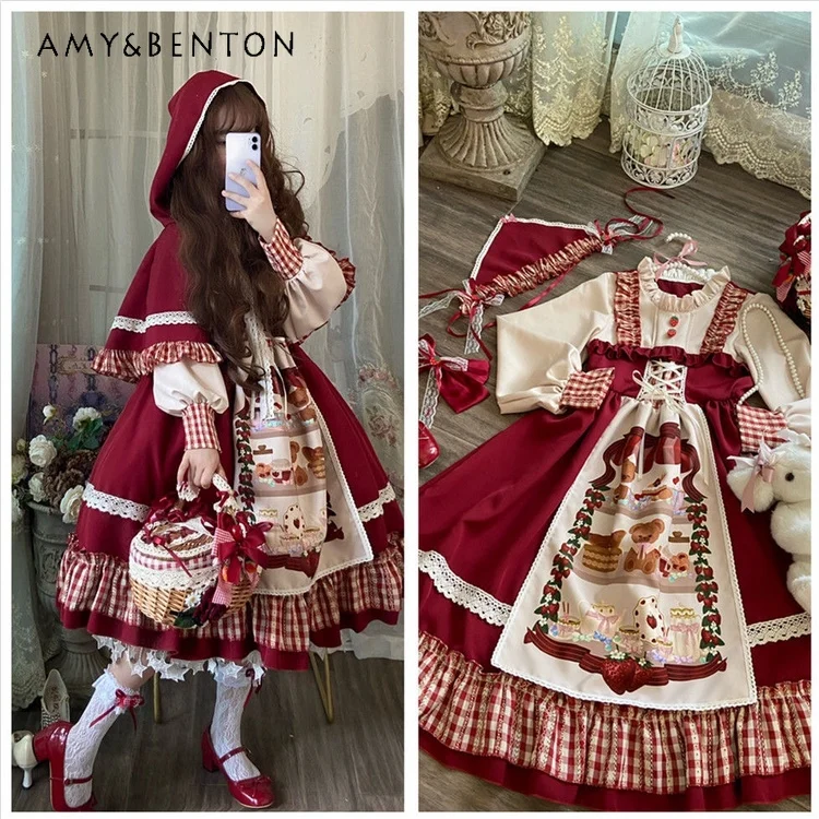 

Spring and Autumn New Hot Sale Sweet Cute Christmas New Year Girl Red Cape Long Sleeve Cartoon Print Lolita Dress Headwear Set