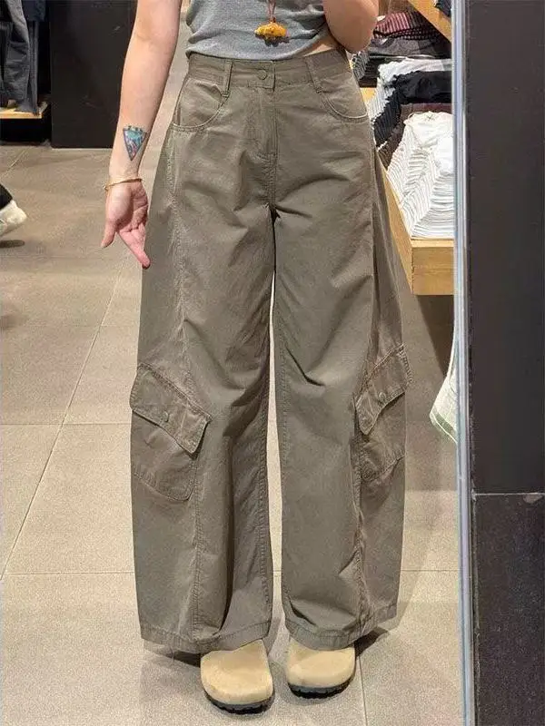 Cargo Pants Womens Elastic Full Pocket Summer Nylon Oversized Vintage Wide-Leg Streetwear Breathable Quick-Drying For Urban Sexy