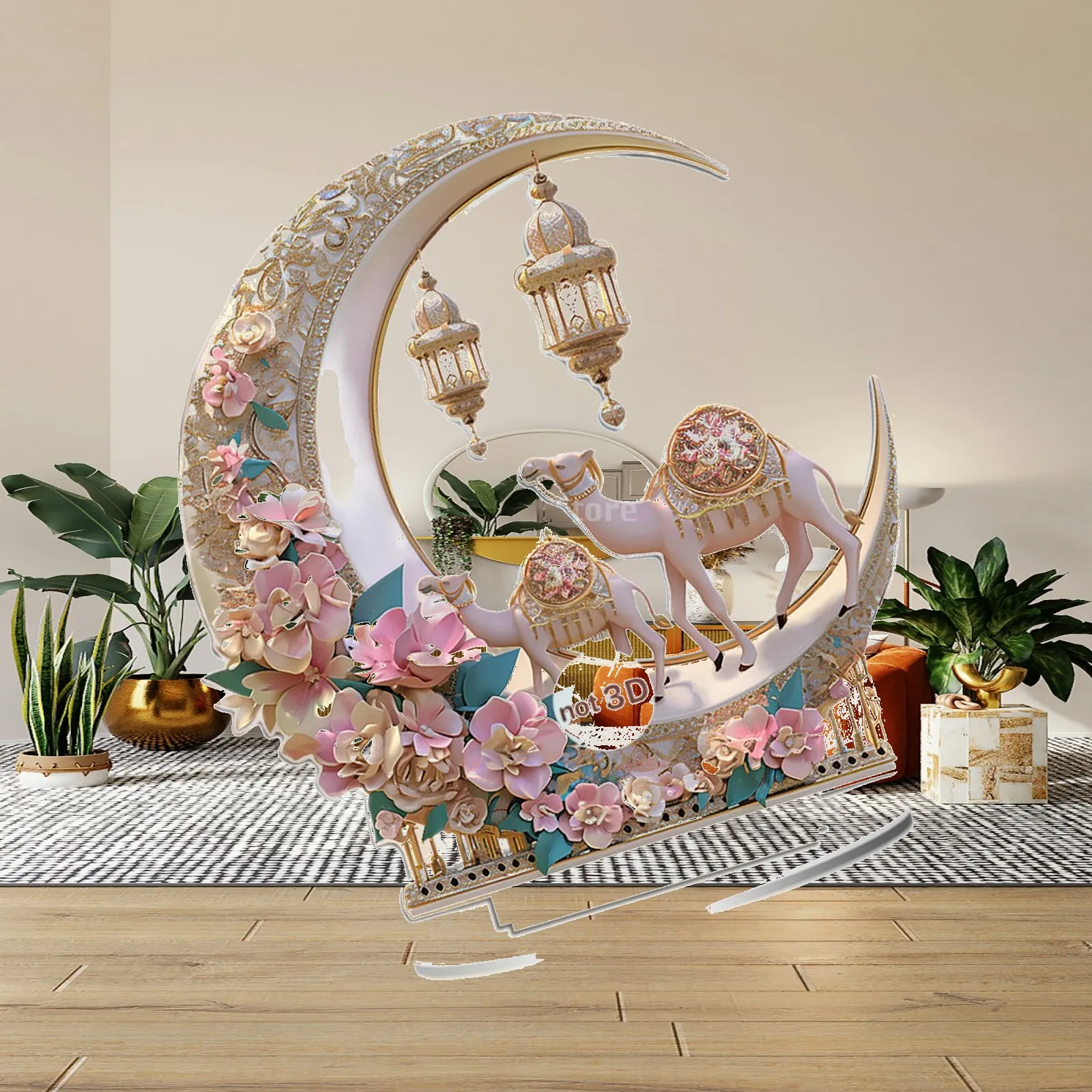2D Camel at Flower Moon Decoration Acrylic Art Craft Holiday Home Decor Decorative Sign with Base for Office Shelf Study Desk