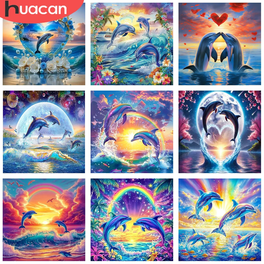 HUACAN Diamant-Mosaik, Delfin-Tier, komplett, rund, Diamant-Malerei-Set, Meer, Sonnenuntergang, Zuhause, Schlafzimmer, Kunstwerk, Strasssteine