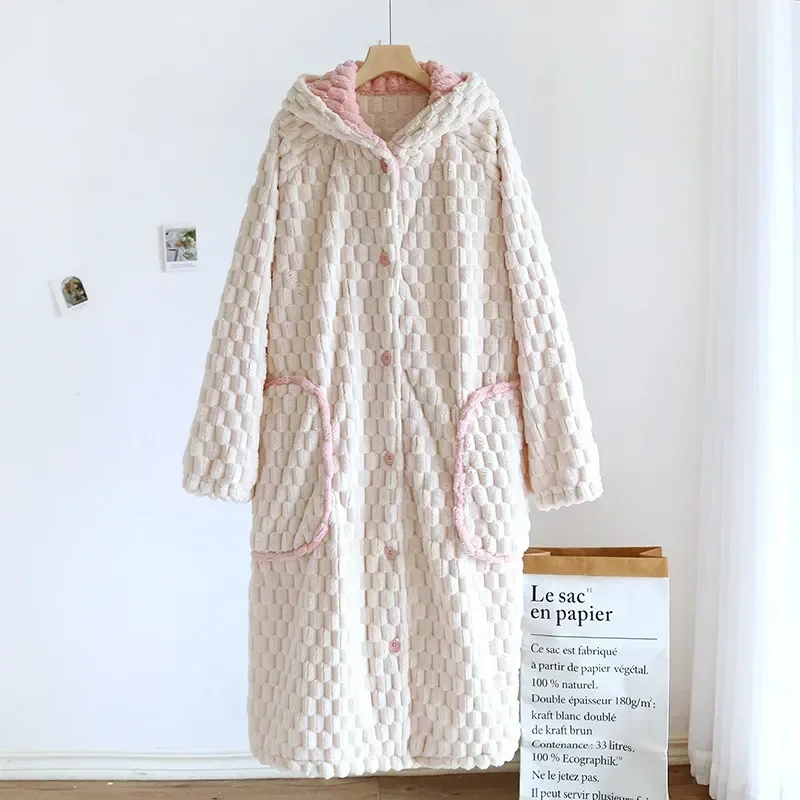 Pajama Warmth Women Ladies Sleepwear Robe Thickened Winter Nightwears For Warm Flannel Female Bathrobe Nightie