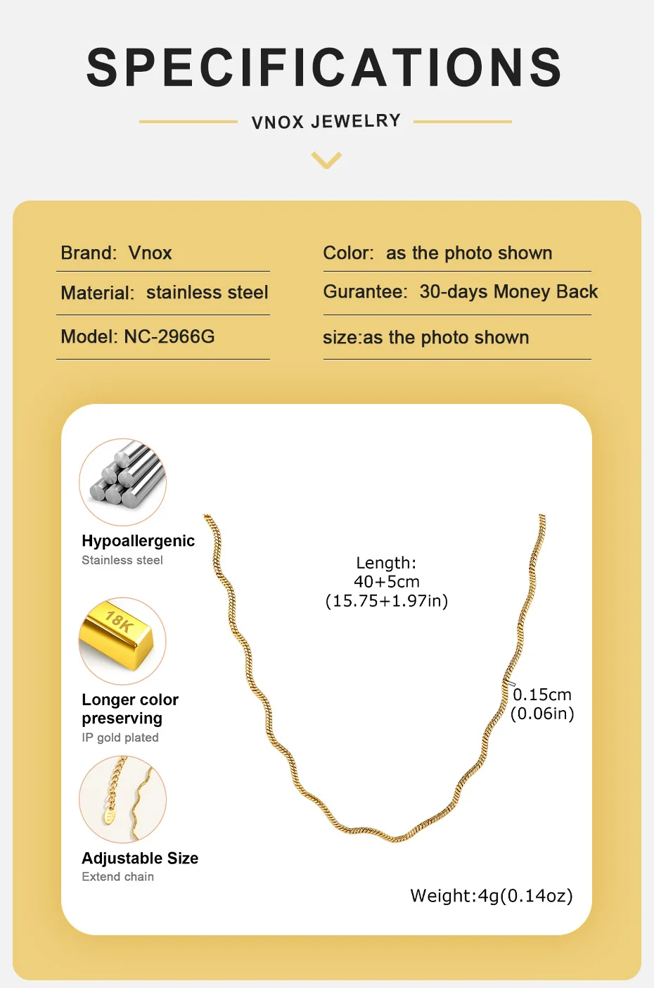 Vnox Trendige Minimalistische Wellenförmige Wasserwellen-Kettenkette für Frauen, Vergoldete Runde Schlangenkette, Choker, Alltagsschmuck, Wasserdicht – Detail 4