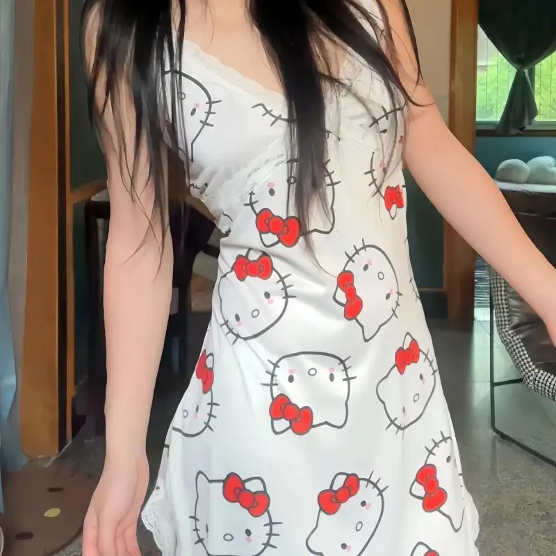 

Sanrio Hello Kitty Summer Straps Nightdress Lace Plus Size Women Home Loungewear Cute Sexy Strapless Casual Comfortable Fashion