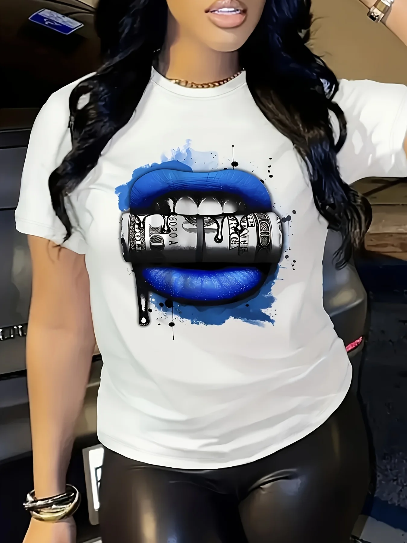 

Women's Graphic Crew Neck T-Shirt - Bold Lips Braces Design - Black with Blue Accent Loose Fit Casual Everyday Formal Outfits