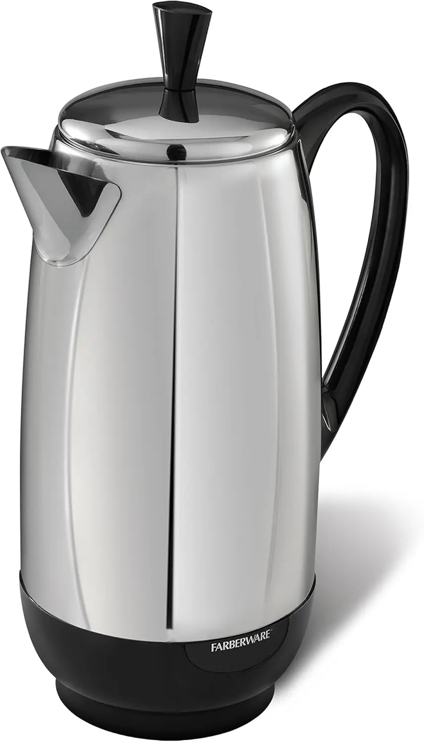 Electric Coffee Percolator, FCP412, Stainless Steel Basket, Automatic Keep Warm, No-Drip Spout, 12 Cup