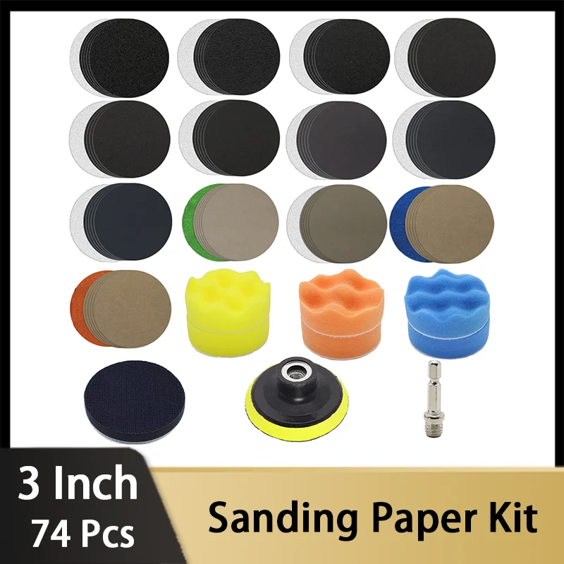 3 Inch Sanding Paper Kit 74 Pcs Wet & Dry Sandpaper Assorted 60-1000 Grit for Wood Metal Mirror Jewelry Car Polishing Headlight