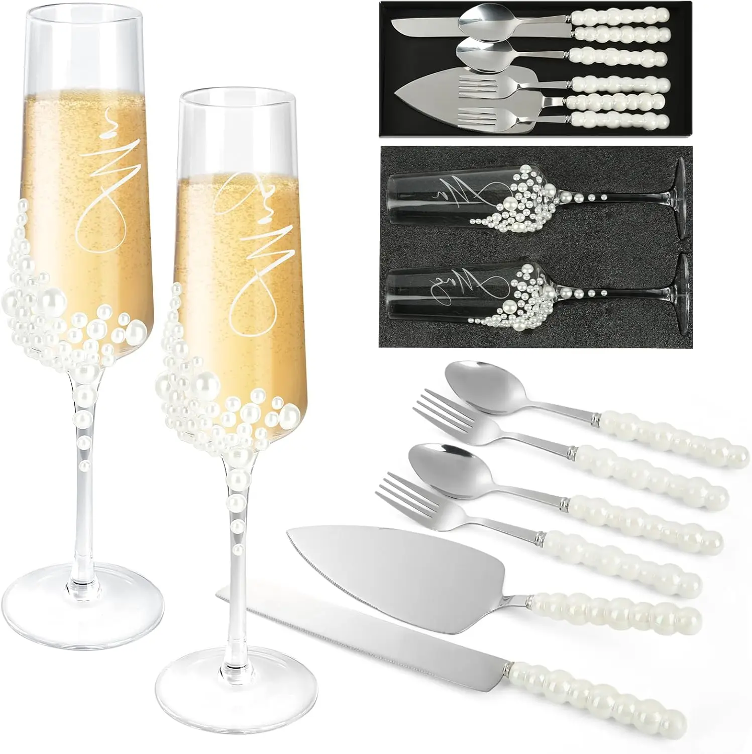 

8 PCS Wedding Cake Knife and Champagne Flutes Server Set, Mr and Mrs Champagne Flutes with 2 Forks and 2 Spoons,Bride and Groom