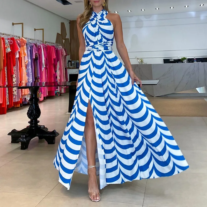 Women's 2024 summer new sweet and fresh printed hanging neck, exposed back, high waist split dress, long skirt