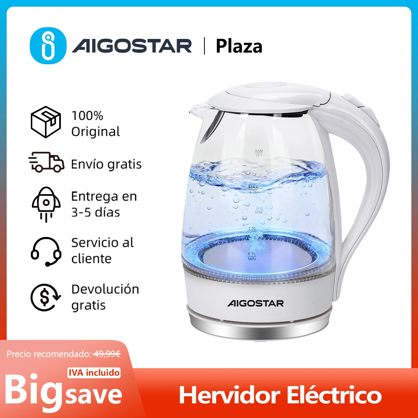 Hervidor de Cristal 1,7 L, Hervidor de Agua Eléctrico con Iluminación LED, Filtro Antical, Apagado Automático, 2200 W… — oferta en AliExpress
