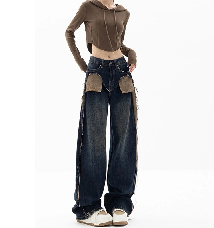 

Spring Autumn High Waist Wide Leg Denim Jeans Women plus Size Patchwork Frayed Color Blo Cuffed Pants Long Trousers Deep Color