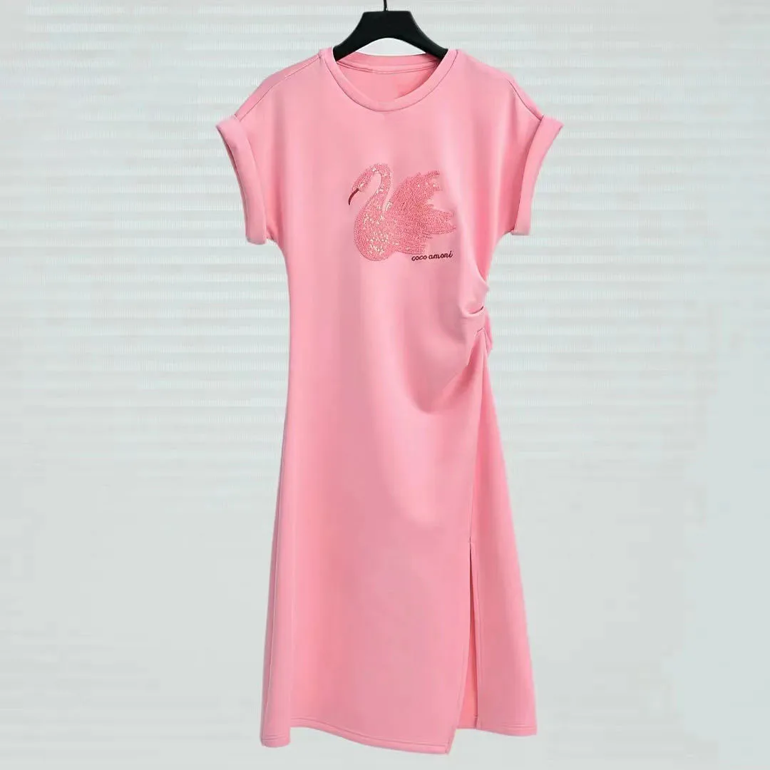 

Short-sleeved dress female 2024 new summer pink swan va va voom temperament long high sense slim skirt. summer dress