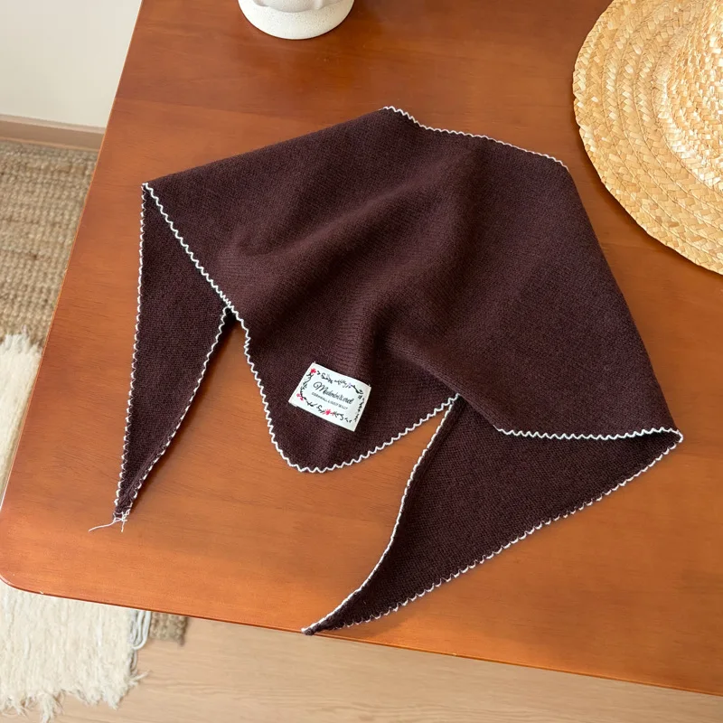 Korean Single Solid Color Simple Wavy Edge Contrasting Color Edge Knitted Scarf Soft Waxy Small Shawl Scarf Triangle Scarf