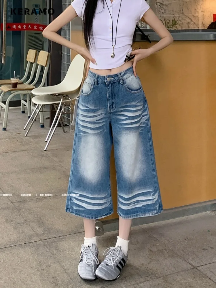 

American Retro High Street Casual Wide Leg Pants Summer Women Y2k Hip-hop Calf Length Jeans Grunge Loose Fit Denim Trousers