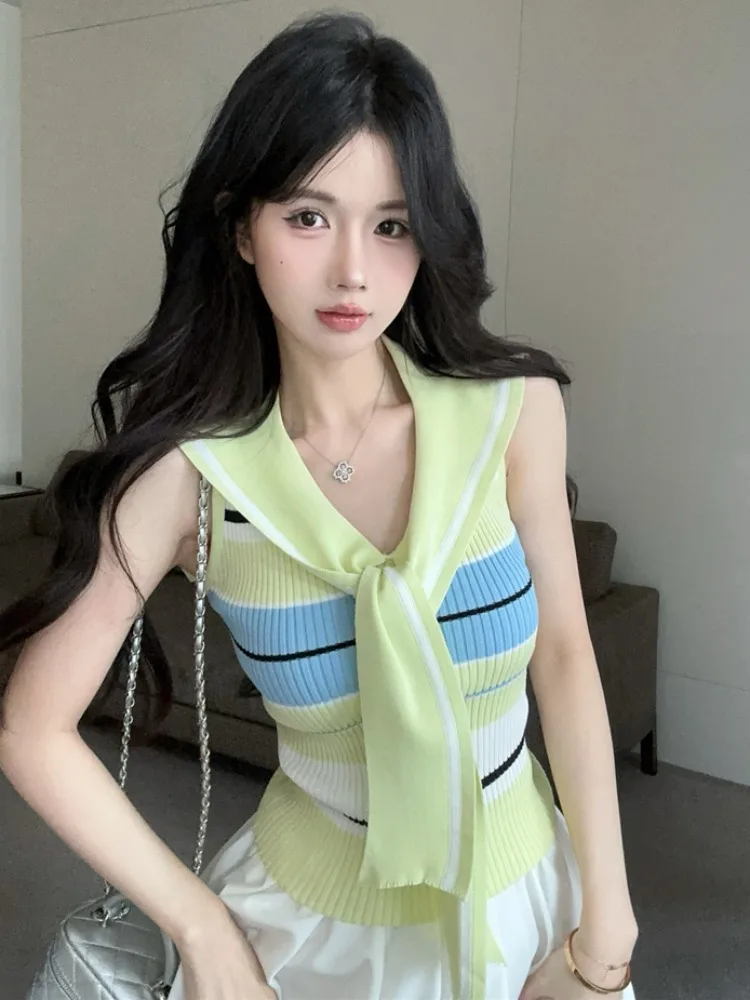 

Summer New Style Color Block V-Neck Navy Collar Sleeveless Striped Knitted Top Half Skirt Two-Piece Set Women Fashionable Cas...