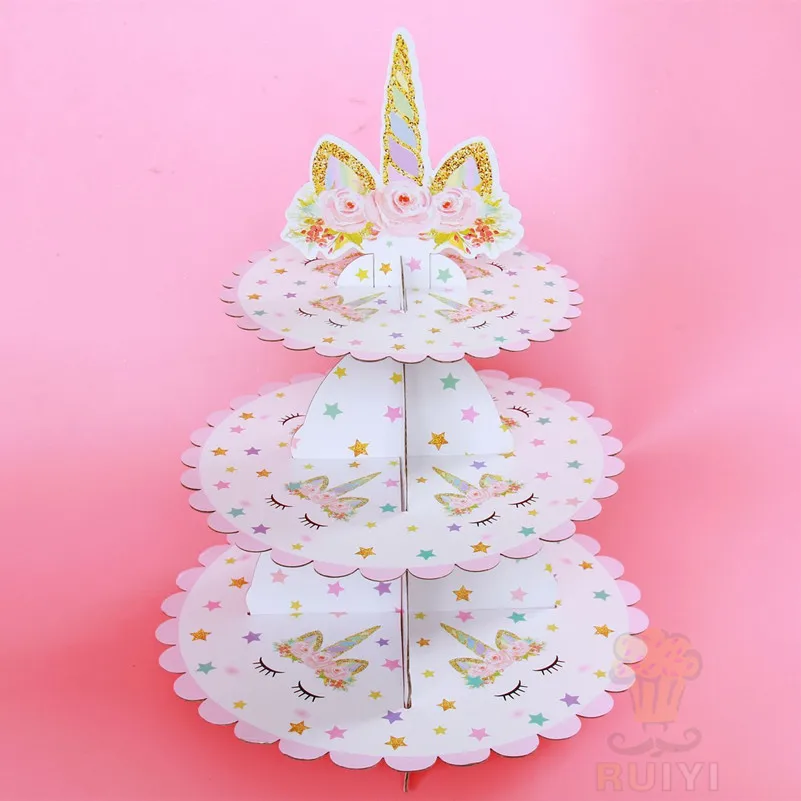 2024 New Unicorn Three Tier Cake Stand Cartoon Cute Cake Stander Kids Birthday Party Decorations Dessert Tray Party Supplies