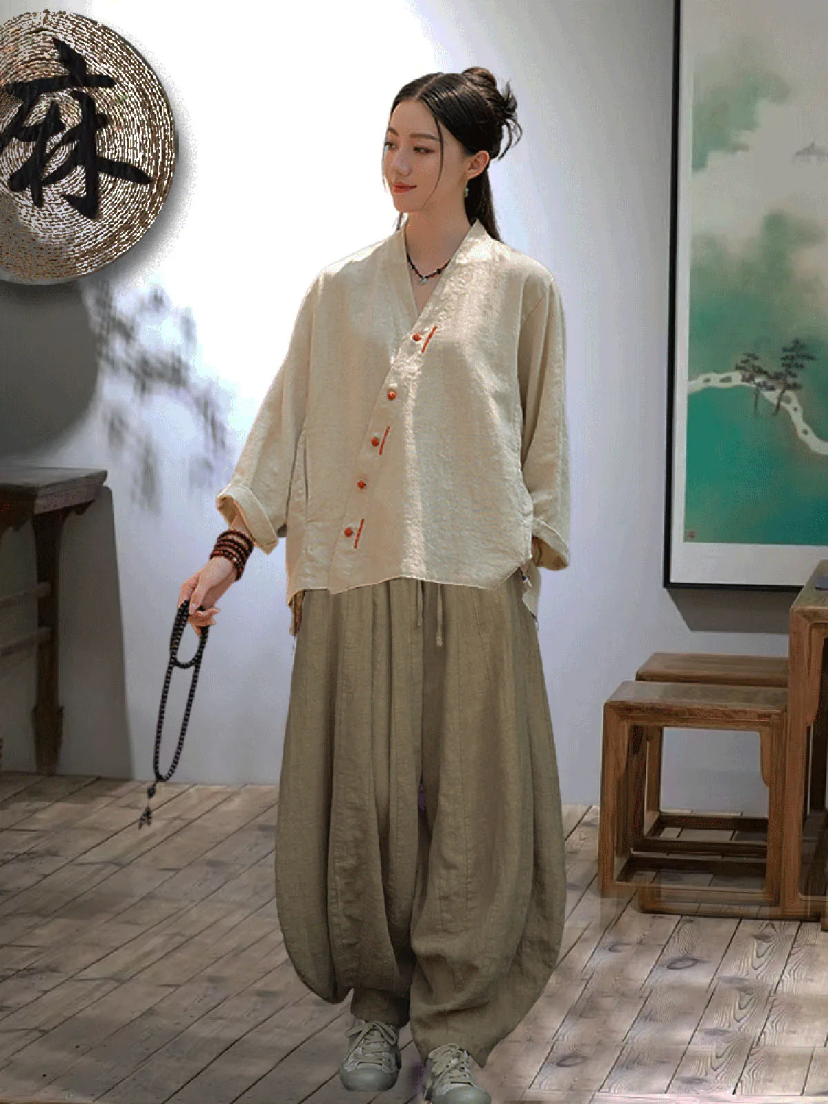 Korean Version Ramie Cotton Solid Color Long Sleeve Blouse Women's Retro Hanfu Hand-Stitched V-Neck Disc Buckle Loose Short Coat