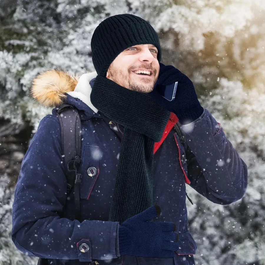 Winter Beanie Hat Set for Men and Women Including 4Piece Knit Gloves Scarf Beanie Hat and Earmuffs Perfect for Cold Weather Out