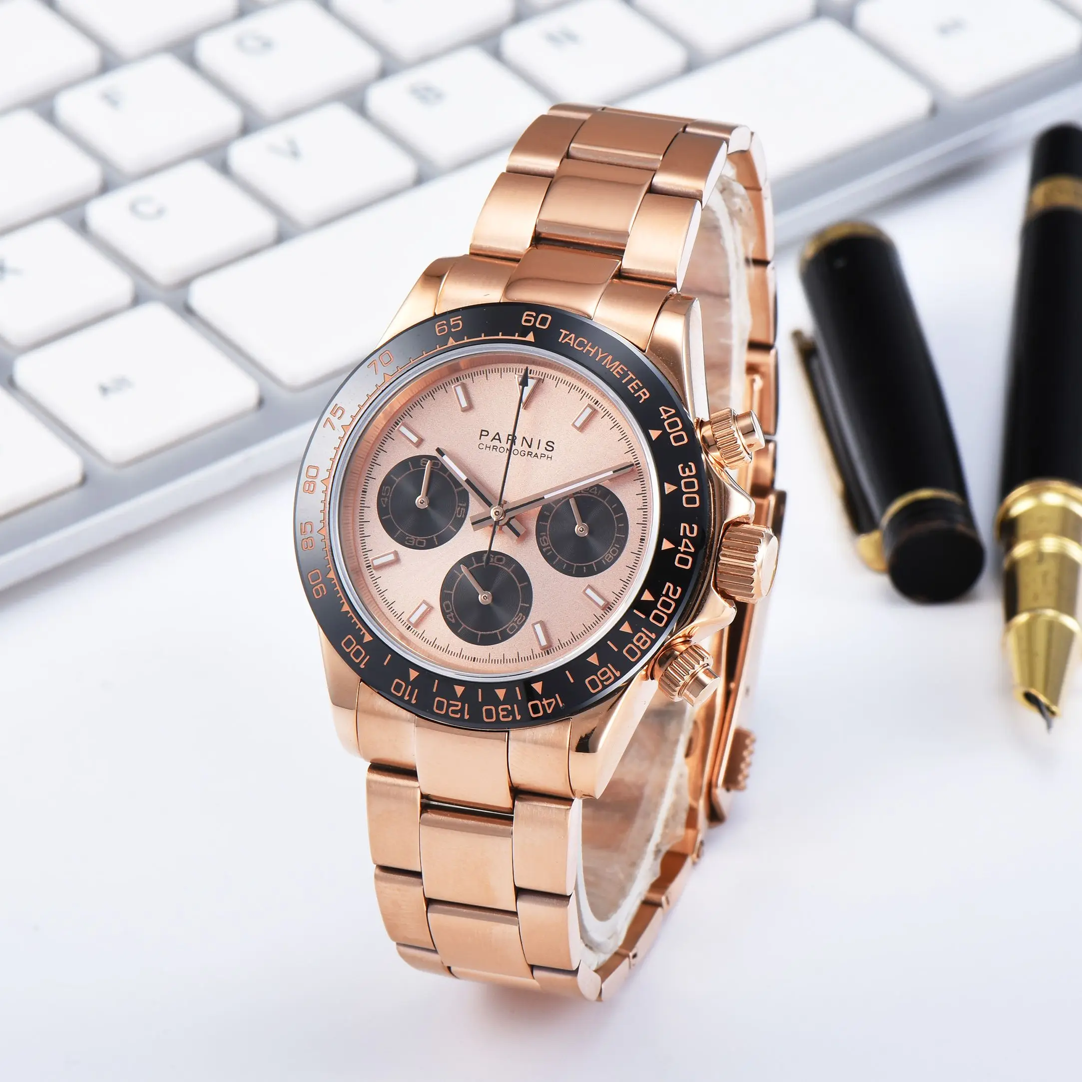 Casual Parnis 39mm Rose Gold Men Quartz Watch Chronograph Sapphire Crystal Stainless Steel Men's Wristwatches reloj hombre 2024