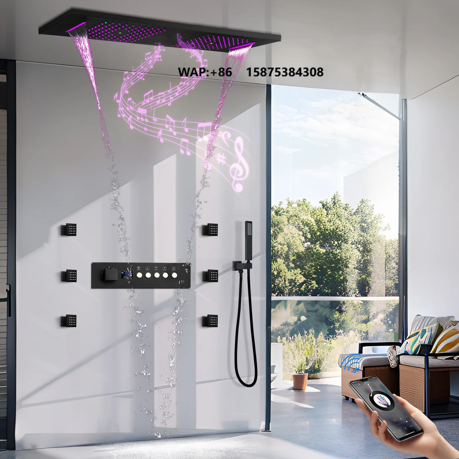 Shower Head Rain - スマート天井取り付け型36×12インチ音楽LEDシャワーヘッドレインマッサージサーモスタット式隠蔽シャワーシステムセット浴室用