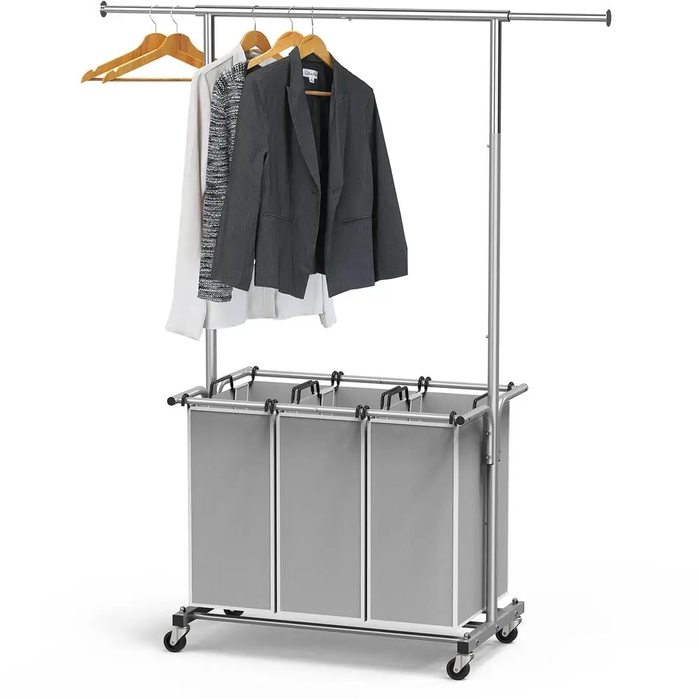 Rolling Laundry Sorter Cart 3 Bags Extensible Hanging Rod Sturdy Casters Modern Design