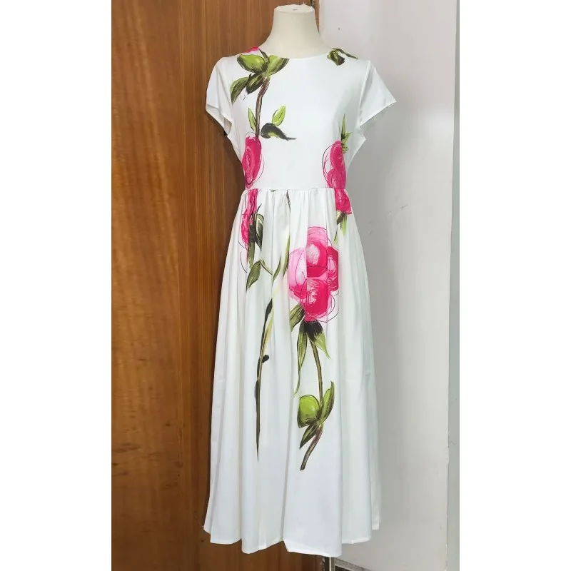 Niche Elegant Sweet Age Reduction Waist Small Fresh Round Neck Short Sleeve Temperament Thin Rose Print Medium and Long Dress