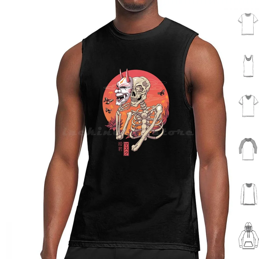 Hannya Yokai Mask Tank Tops Print Cotton Halloween Yokai Spooky Skeleton Hannya Japan Japanese Horror Japanese