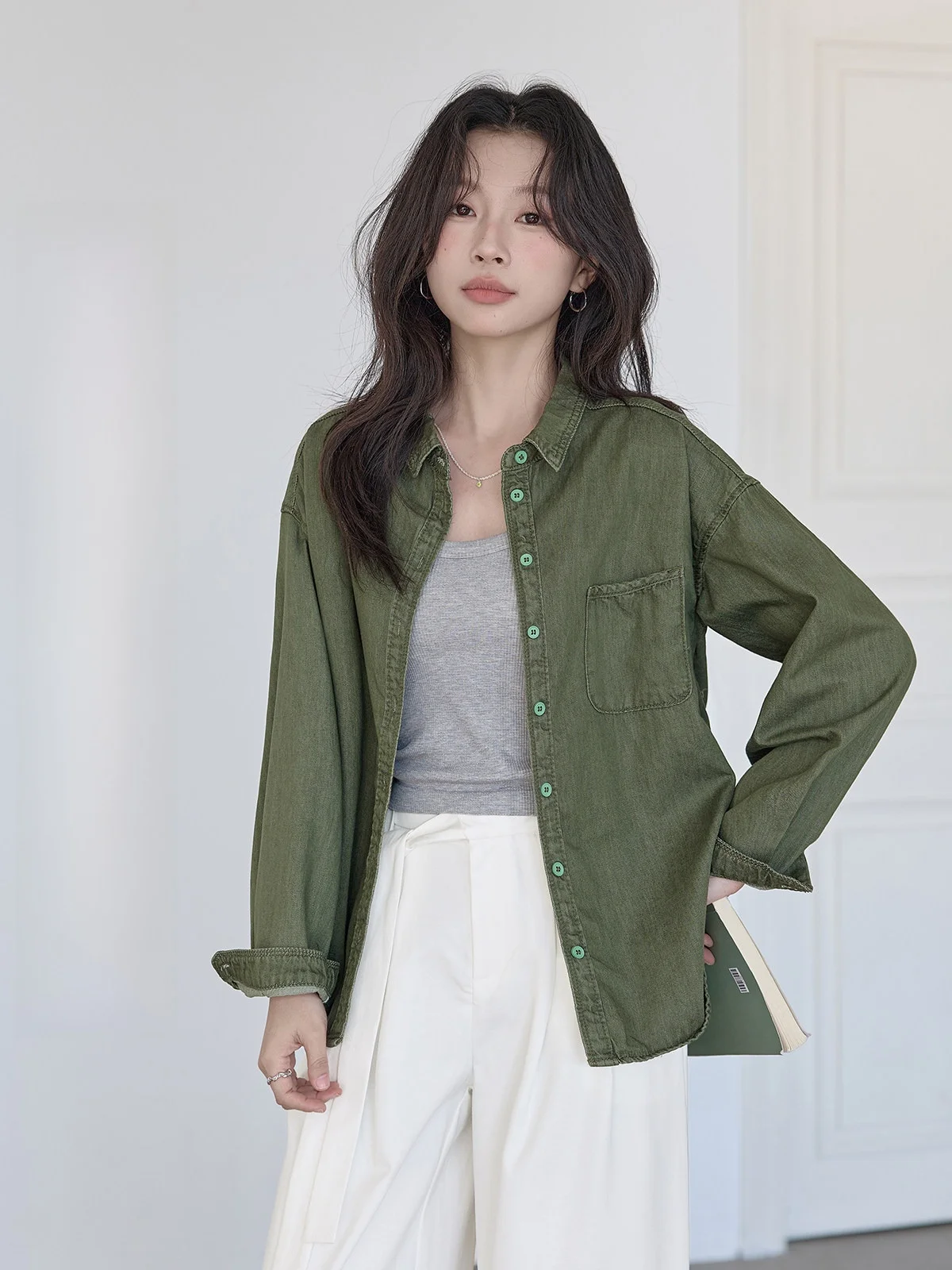 

HuiXi Women's Collar Denim irt Long Sve Vintage Versatile Spring 2026 Commute Sle Loose Fit Breathable Casual Top