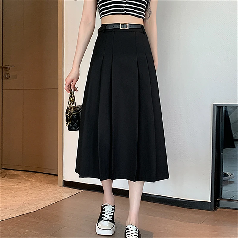 Seoulish Vintage Pleated Women's Suit Skirts with Belt Elegant Spring Summer Solid Color Office Lady Casual A-line Skirts Female