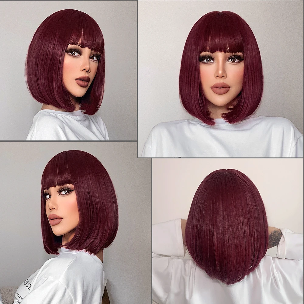 Wine Red Short Bob Wig Straight Synthetic Wigs For Women With Bangs Natural Hiar Cosplay Lolita Party Hair Perruque Peluca