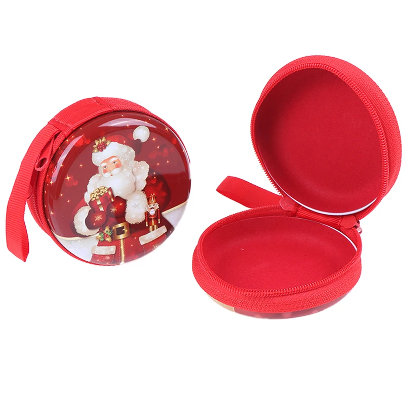 Mini caja de lata con forma de bola redonda con estampado de Feliz Navidad, estuche vacío redondo, almacenamiento de dulces, moneda, auriculares, regalos de fiesta para niños