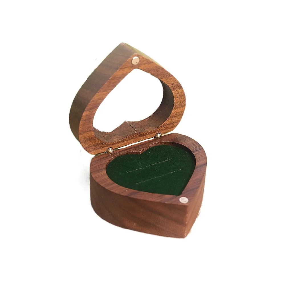 2 Slots Heart Rings Holder Transparent Cover Magnetic Cover Walnut Wood Rings Box Storage Wedding Rings Bearer Box