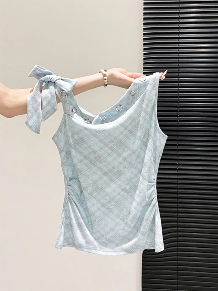 Summer New Plaid Wrap Neck Tie Waistless Sleeveless Tank Top Women's Design Sense Halter Slimming Sexy Girl's Top Korean Style