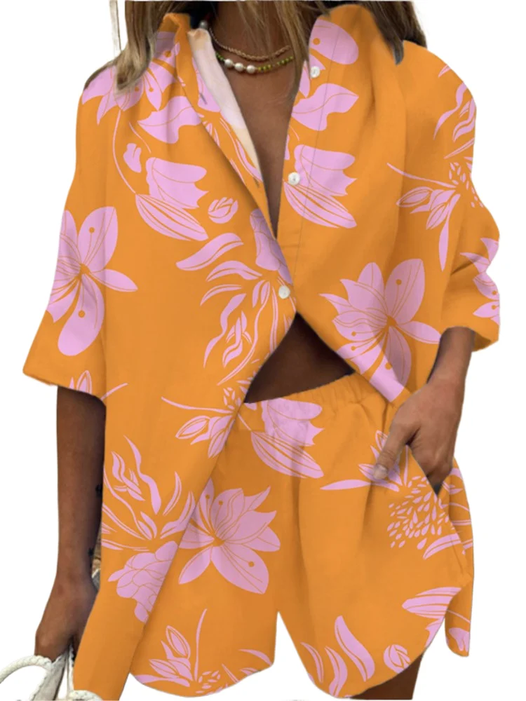 

2025 Autumn Two Piece Set Casual Short Sleeves Button Loose Blouse Shirt&High Elastic Waist Shorts Commuting Vacation Beachwear