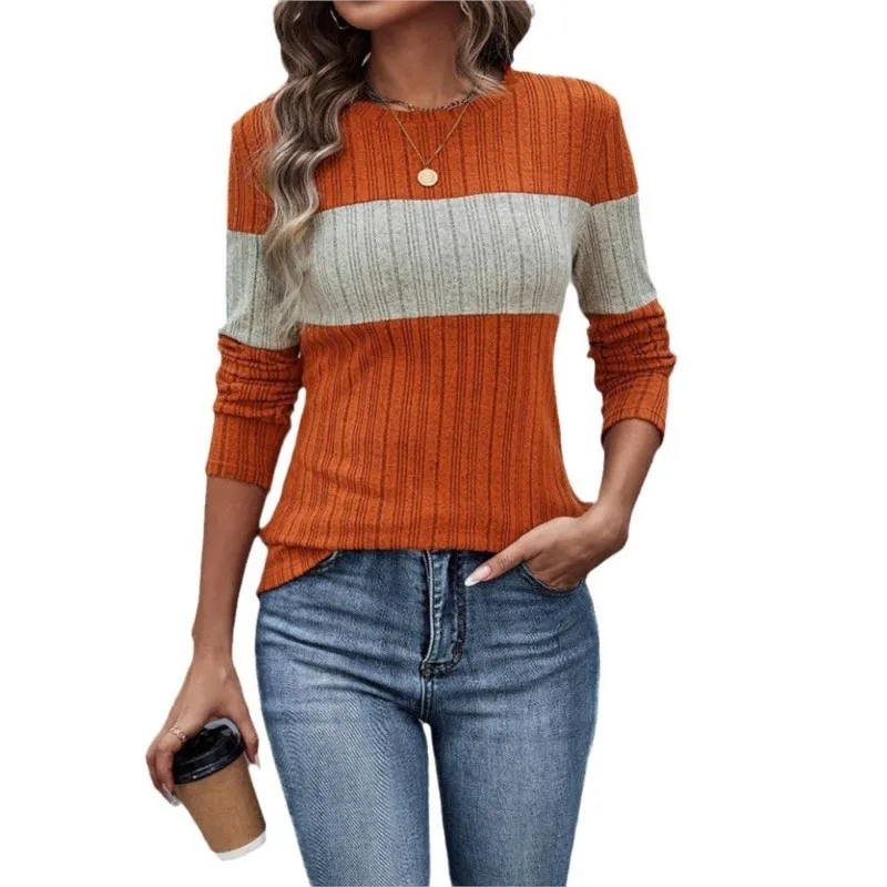 Women\'s Tops Autumn New Color Splicing Crew-neck Long Sleeve Top T-shirt Elegant Vintage Striped Slim Casual Winte Women Clothes