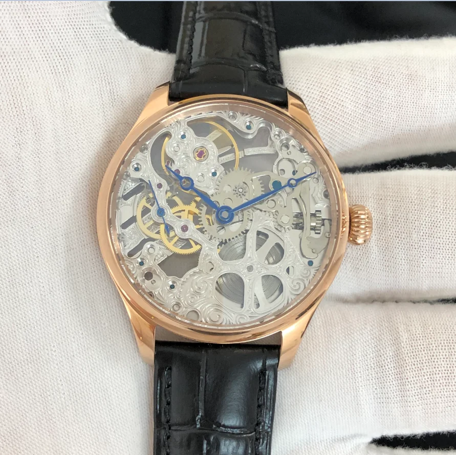 41mm 6497 Skeleton Watch GERRVO No Logo St3600SK Hollow Out Manual Winding Movement 21,600 Dph Rose Gold Case Men's Pilot