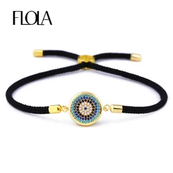 FLOLA Turkish Male Bracelets Cubic Zirconia Evil Eye Bracelets for Women Dubai Gold Plated Jewelry Thread erkek bileklik brtb12