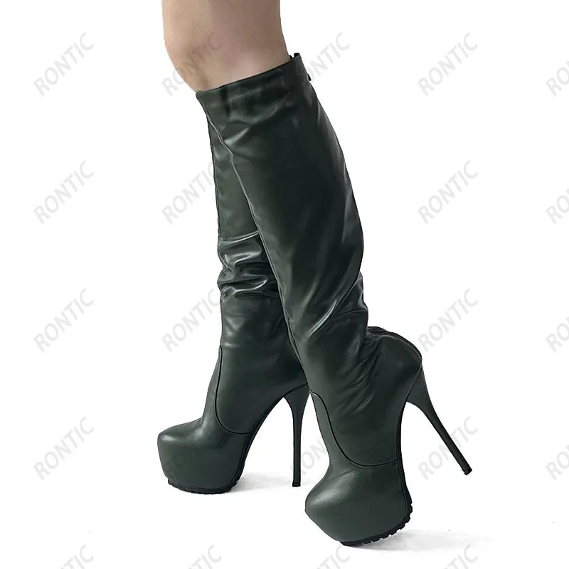 Rontic Women Winter Platform Knee Boots Wide Leg Customized Unisex Stiletto Heels Round Toe Black Cosplay Shoes US Size 5-20