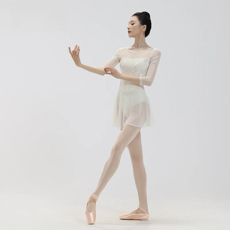 Women Ballet Leotard Mesh Spliced Skirt 3/4 Sleeve Round Neck Dancewear for Adult Practice Training Exam Breathable Costume