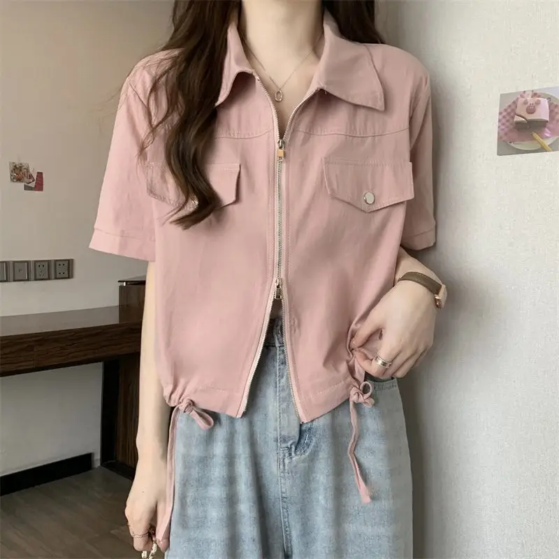 2024 Summer Cargo Style Women's Zipper Coats Korean Lady Fashion White Polo Collar Short Sleeve Jackets Casual Joker Tops Female