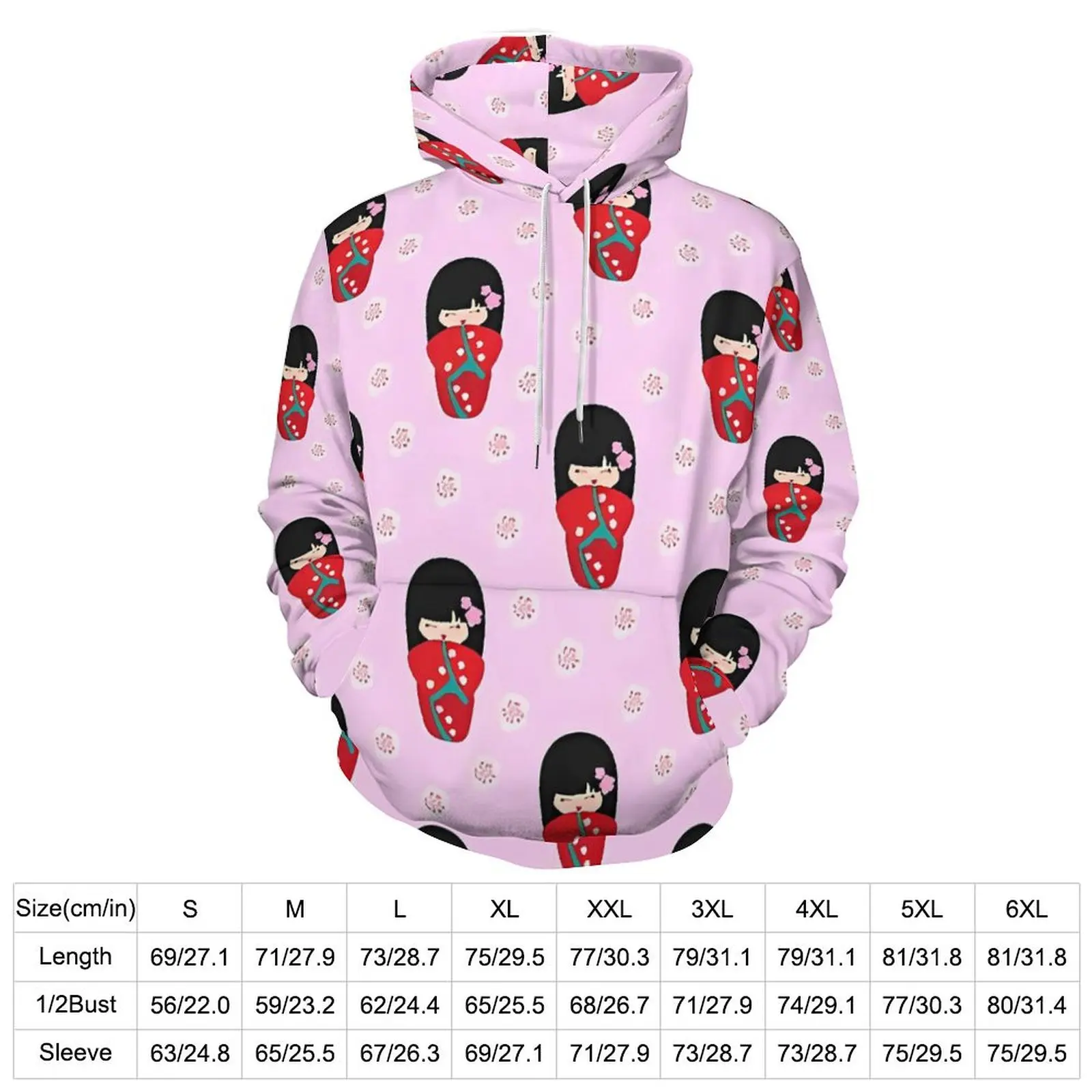 Japanese Dolls Hoodies Red Kokeshi Classic Casual Pullover Hoodie Long Sleeve Y2k Graphic Sweatshirts 4XL 5XL 6XL