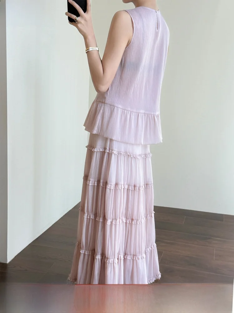 

Tasyavan Tea Flower Aesthetic Set Misty Gauze Sleeveless Lace Trim Vest Long Skirt Polyester Fiber Summer Fashion Women's Ens...
