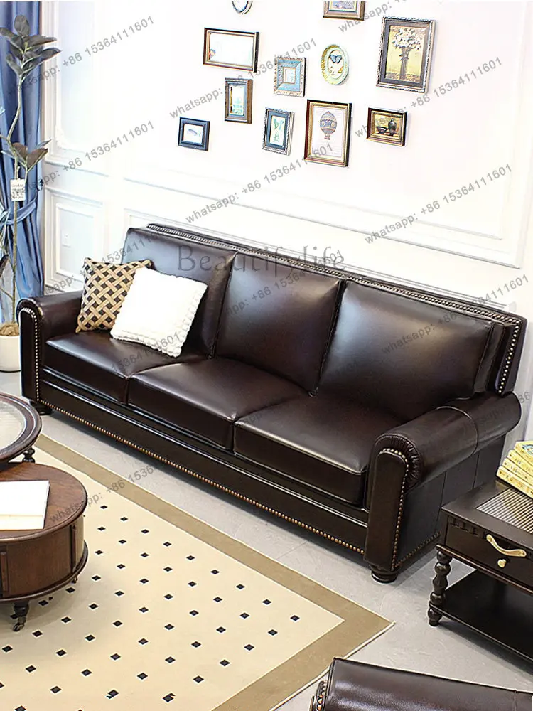 American Big Barton leather sofa first layer cowhide straight row French retro furniture