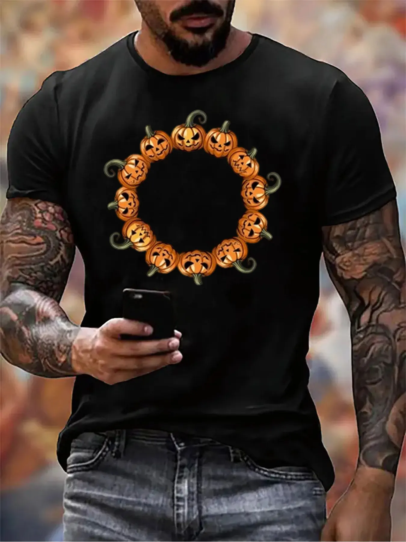 

Men's Cotton Halloween Pumpkin Print Tee For Christmas Gift, Soft Crew Neck Shirt For Outdoor Activities, Top For Him