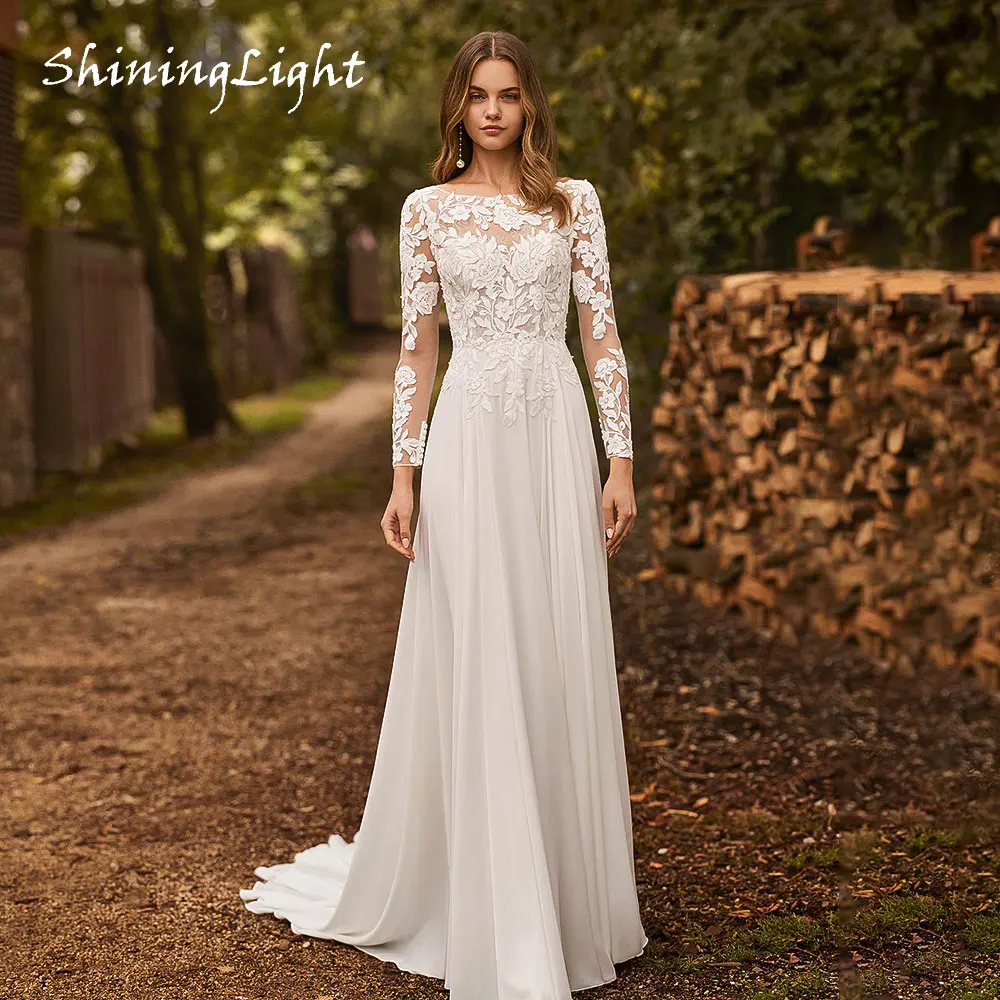 

ShiningLight Boho Wedding Dresses Long Sleeve Scoop Neck Chiffon A-Line Bridal Gowns Appliques Backless vestido novia Customized