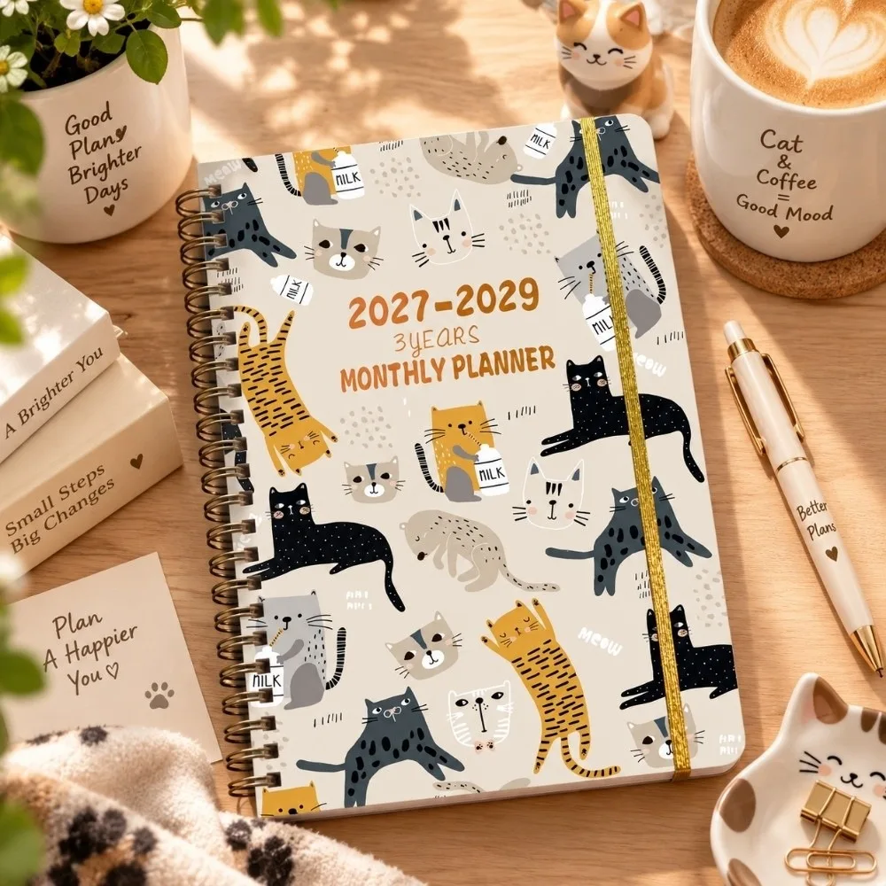 Flower Theme Cover 2027-2029 Monthly Calendar Spiral Bound A5 Annual Calendar Notebook Cat Print Multi-Year Agenda Notepad