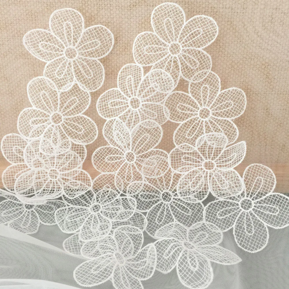 5Pcs White Flowers Mesh Patch Handmade Sewing Material Repair Application 7CM Wide