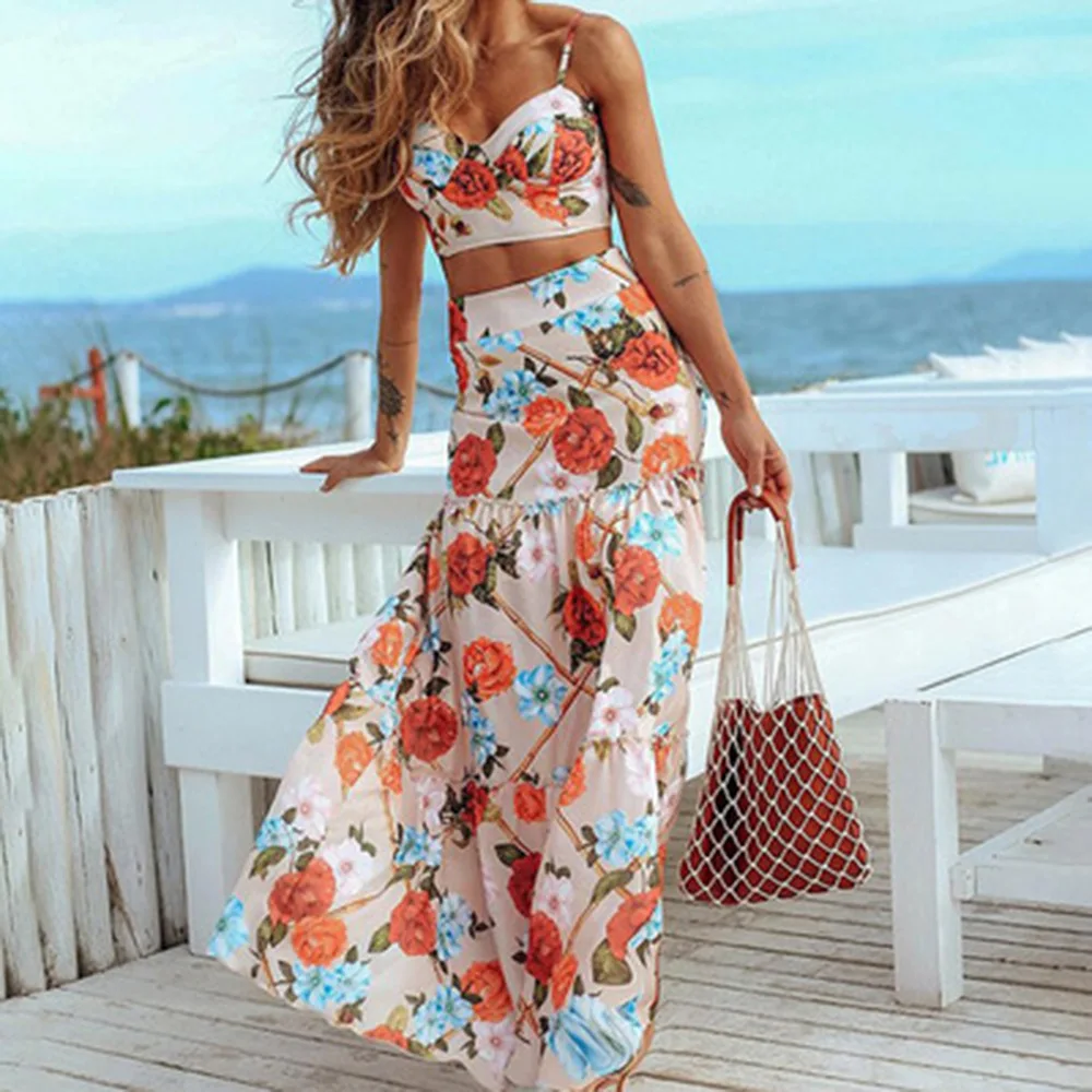 

2025 New Spring/Summer Women's Clothing Temperament Sexy Suspender Sleeveless Set Printed Backless Beach Skirt
