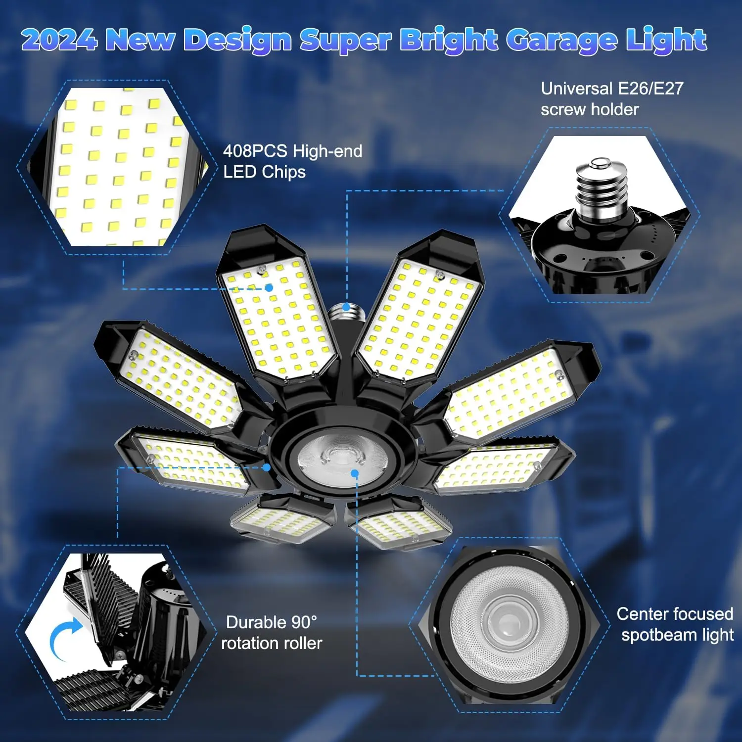 Luzes brilhantes LED garagem, luzes de teto, 8 painéis deformáveis, lâmpada LED, Spot In E26, E27, 2Pack, 6500 LM, W, 8