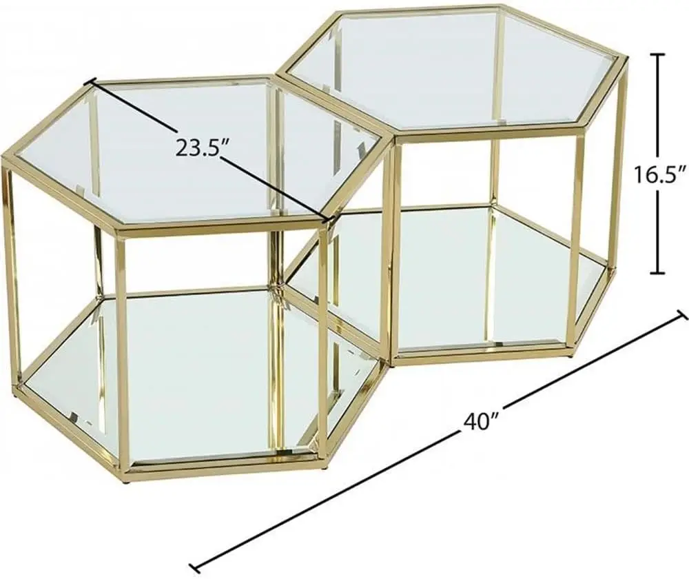 Sei Collection Modern | Contemporary Glass Top/Stainless Steel Modular Coffee Table With Mirrored Base, 2 Piece, Brushed Gold